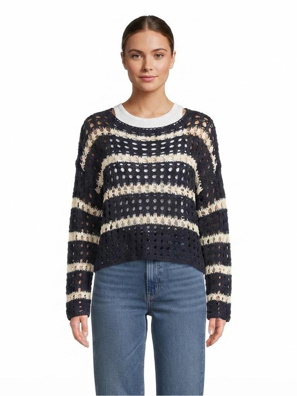 Arizona Jean Co Navy Cream White Open Knit Striped Crewneck Sweater Top